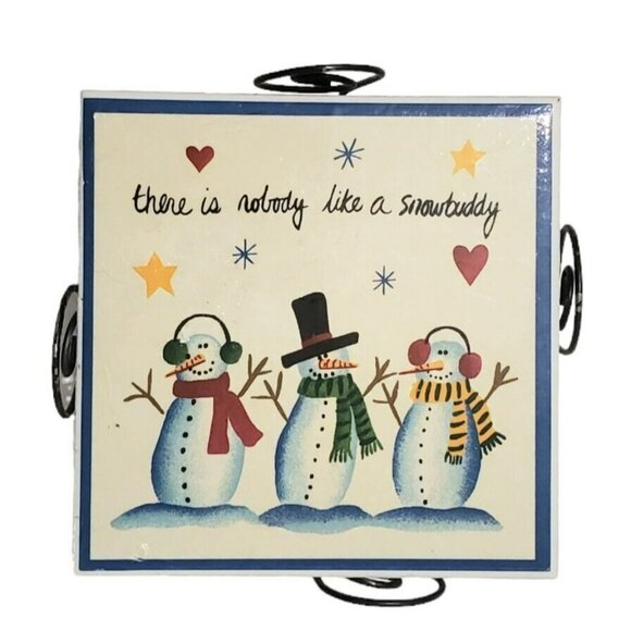 Snowman Coaster Set Nobody Like A Snowbuddy 4 Ceramic Drink Holders Wire Basket - Picture 3 of 8